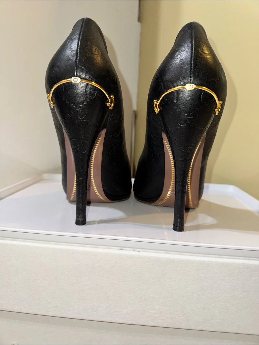 Gucci Black Embossed GG Peep-Toe Stiletto Pumps